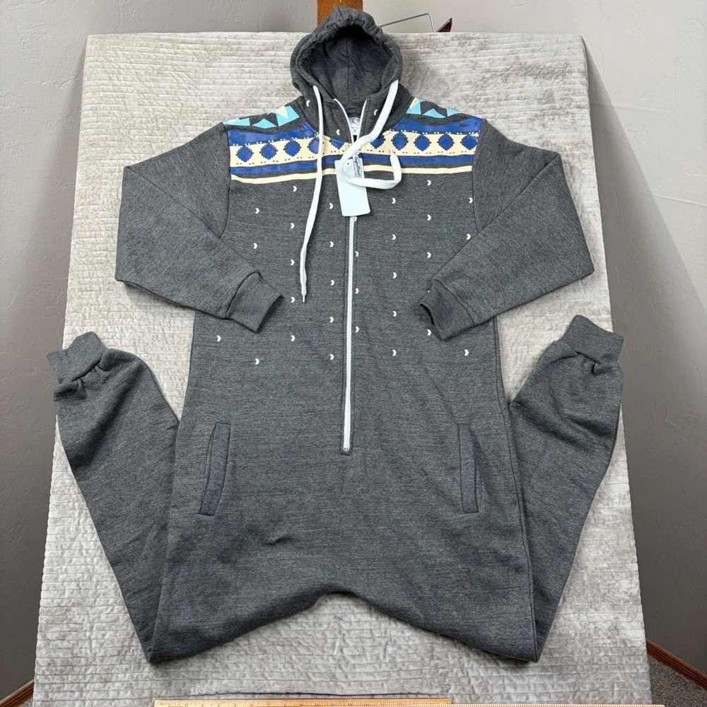 SkylineWears Mens Hooded Jumpsuit Charcoal Gray Tribal Geometric‎ Print Size M